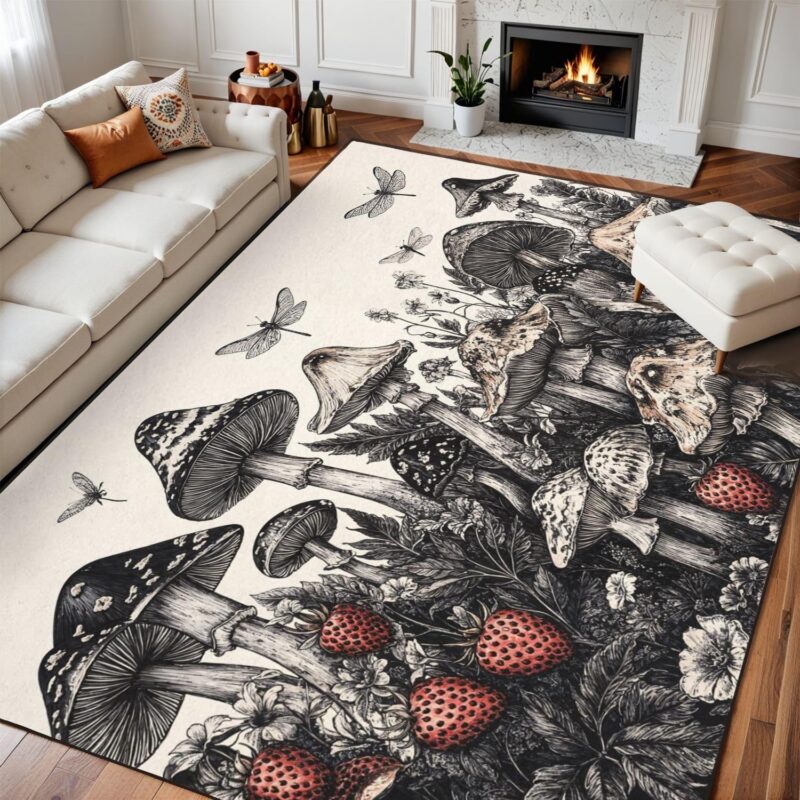 9x12 Area Rugs for Bedroom Washable Rug for Living Room Mushrooms Strawberries Dragonflies Leaves Flowers Detailed Pen Ink Carpet for Dining Room Rubber Backed Non-Slip Carpets for Bedroom