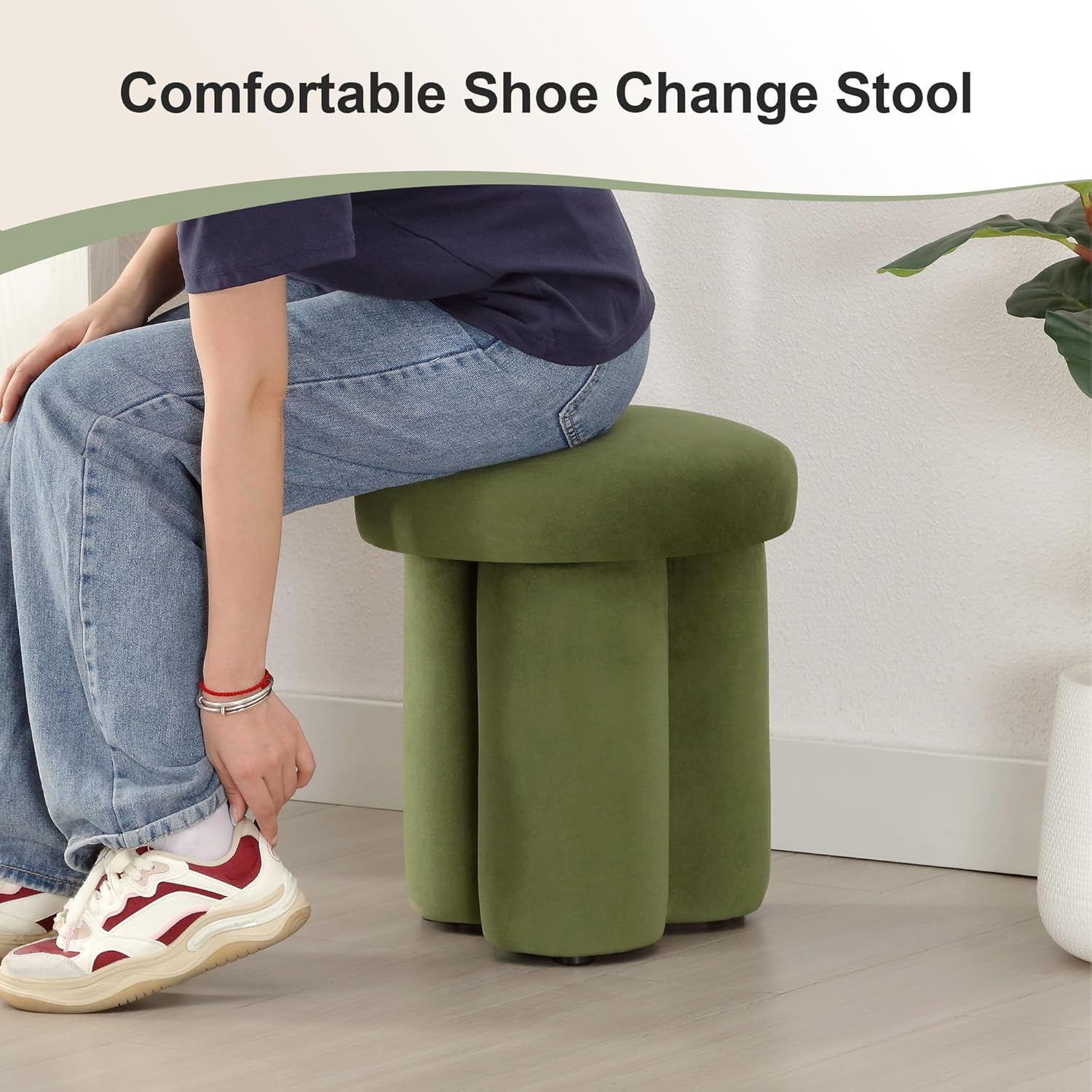 81TqhBAmvIL._AC_SL1500_.jpg Modern Mushroom Ottoman Stool, Velvet Small Ottoman with Round Padded Seat, Cute Makeup Vanity Stool for Bedroom/Living Room/Hallway, Green - Image 4