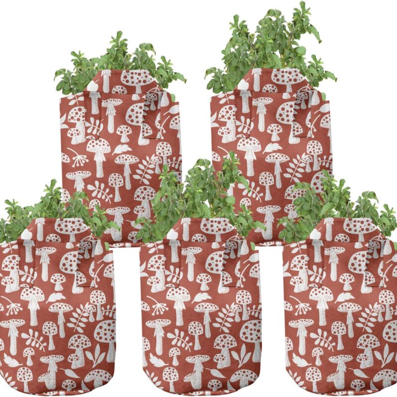 Ambesonne Mushroom Grow Bags 5-Pack, Leaves Berries Amanita, Heavyduty Fabric Pots with Handles for Plants, Burnt Sienna White