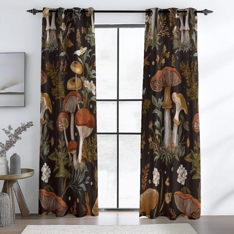 Blackout Curtains for Bedroom, Living Room, Or Kids Room – 42" W X 84" L (Total 2 Pieces), Nature Mushrooms Flowers Black Brown, Grommet Thermal Insulated, Light Blocking Window Drapes