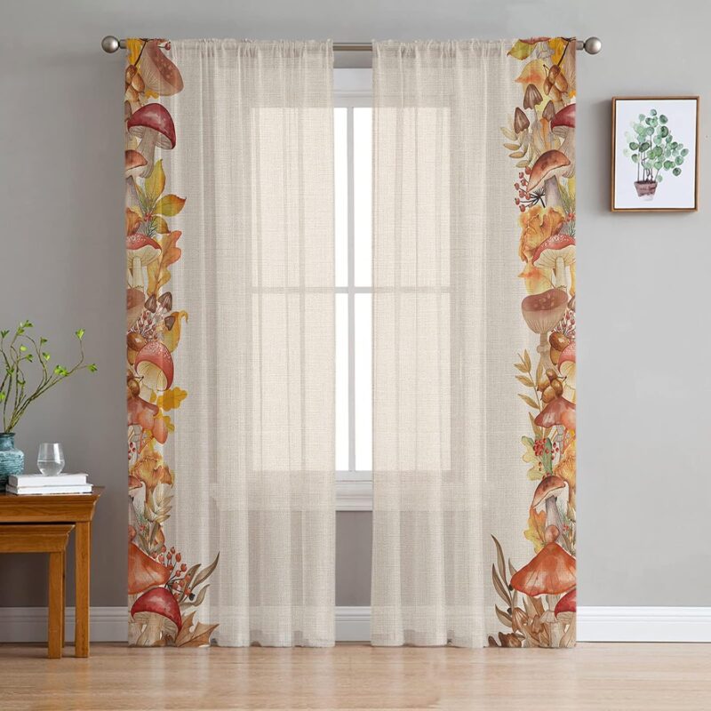 Mushroom Sheer Curtains 63 Inch Length 2 Panels Set, Fall Thanksgiving Maple Leaf Botanical Rustic Burlap Semi Transparent Voile Rod Pocket Curtains for Living Dining Room Bedroom Drapes