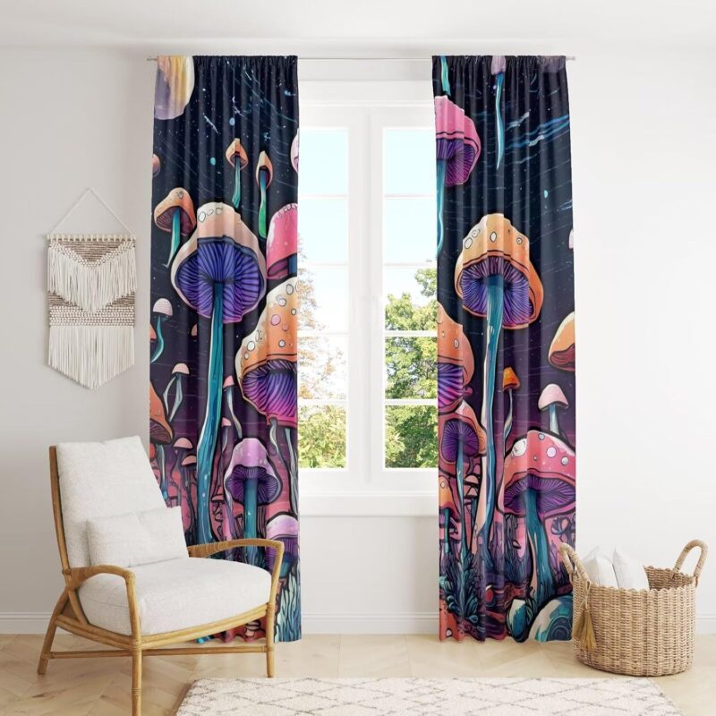 Blue Galaxy Colourful Mushroom Blackout Curtains rod pockets Abstract Vintage Upward Growing Mushroom Print Decorative Curtains mushroom kitchen curtains for bedroom 5 Panel Set（52"W X 84"L）