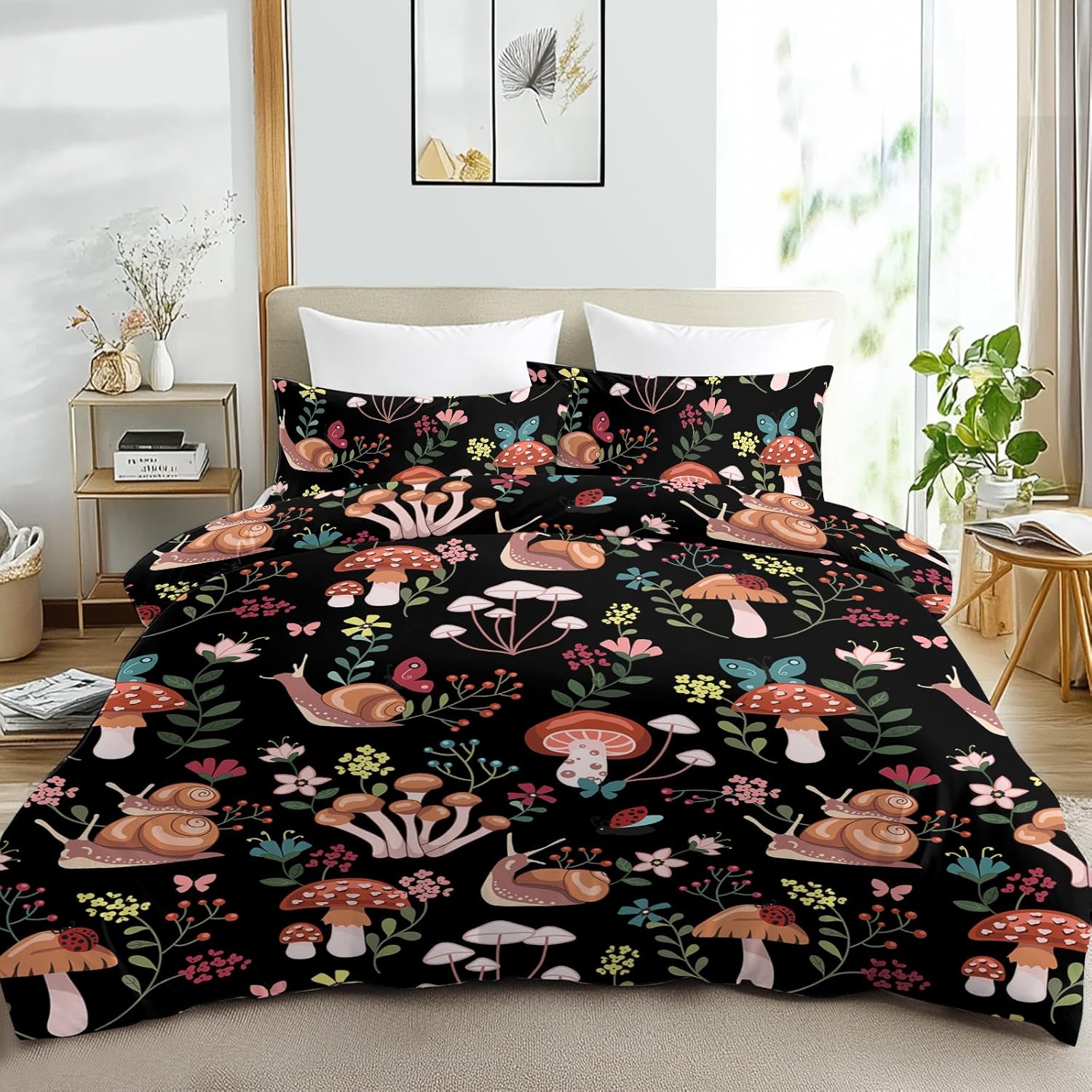 81WfxtoHhIL._AC_SL1500_.jpg SOULZZZ Floral Mushrooms Printed Girls Duvet Cover Set King Brown Snail Mushroom Bedding Set Red Pink Flower with Green Leaf Mushroom Decor Bed Set 1 Duvet Cover and 2 Pillowcases