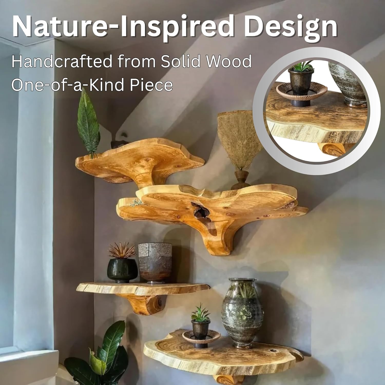 81Y5-B7JP0L._AC_SL1500_.jpg Live Edge Floating Shelves – Mushroom Shelf, Handcrafted Rustic Solid Wood, Heavy-Duty Hidden Brackets, Wall Mounted Decor (M4, 10" W x 8" D x 5" H, Medium Oak) - Image 2