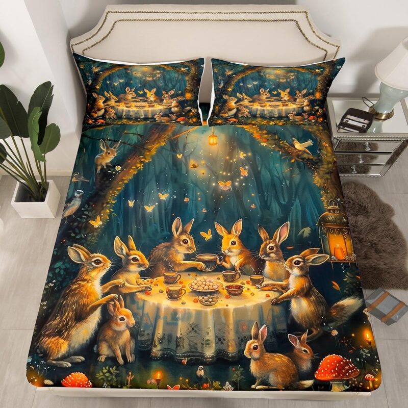 Mushroom Jungle Botanical Fitted Sheet,Cartoon Rabbit Animal Sheet Set for Adults Ultra Soft Room Gift,Happy Easter Bedding Set with 2 Pillowcases,Queen Size