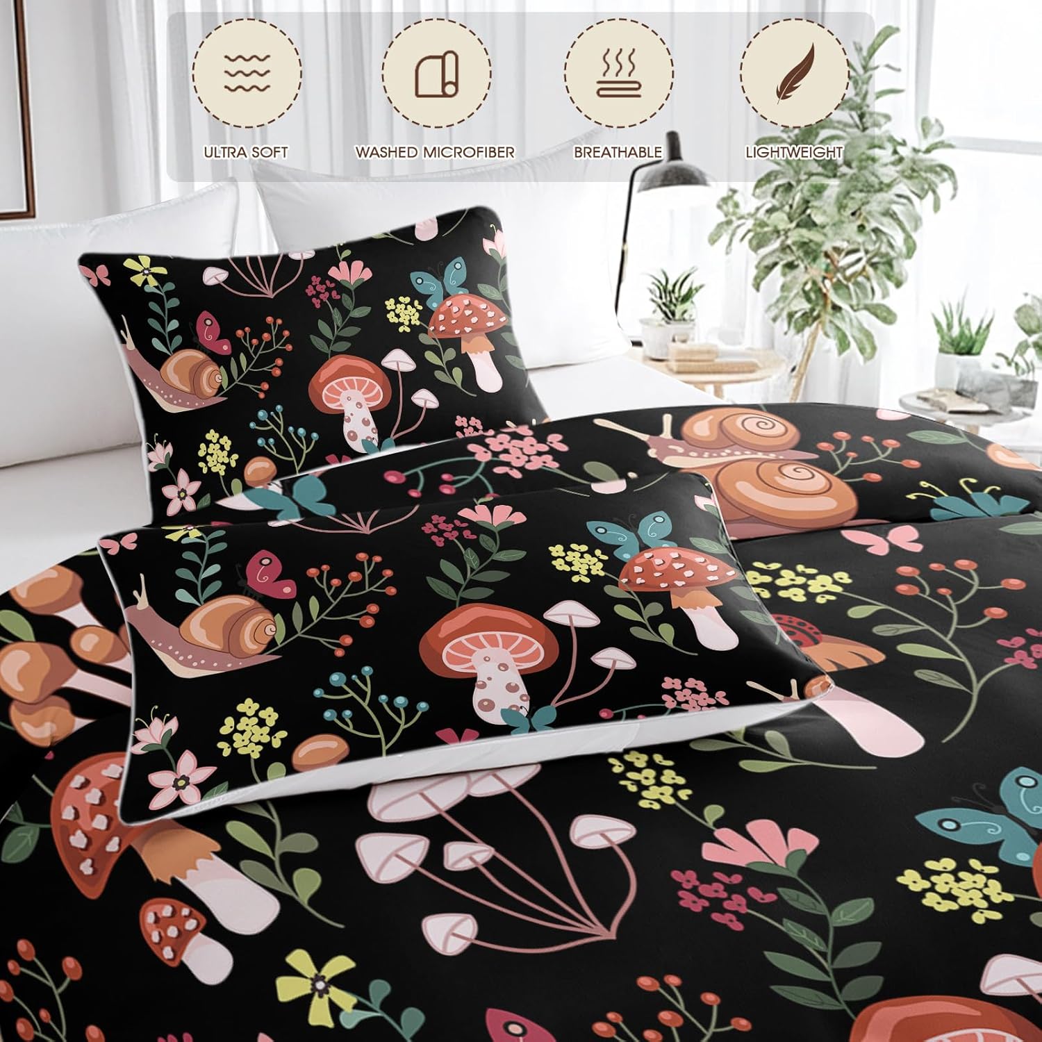 81YM8acfS9L._AC_SL1500_.jpg SOULZZZ Floral Mushrooms Printed Girls Duvet Cover Set King Brown Snail Mushroom Bedding Set Red Pink Flower with Green Leaf Mushroom Decor Bed Set 1 Duvet Cover and 2 Pillowcases - Image 7