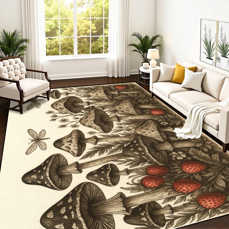 Mushrooms Strawberries Dragonflies Leaves Flowers Detailed Pen Ink Area Rug Outdoor Patio Rug Play Mat Modern Floor Carpet Non-Slip Home Decor Living Room Kids Bedroom Nursery, 9x12 ft