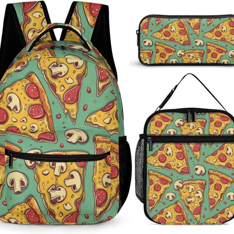 Sausage And Mushroom Pizza Slices Travel Backpack Lunch Box Pencil Case 3Pcs Set Makeup Bag for Men Women Office Outing University