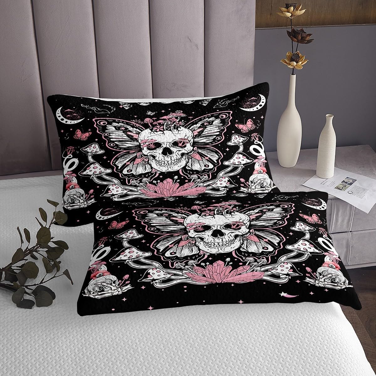 81ZpwotkH4L._AC_SL1200_.jpg Erosebridal Gothic Skull Bedspread Set King for King Bed Hippie Butterfly Quilt Set for Girls, Trippy Mushroom Coverlet Set Black White Pink Bedding Set, Horror Death Skeleton Bed Cover Breathable - Image 4