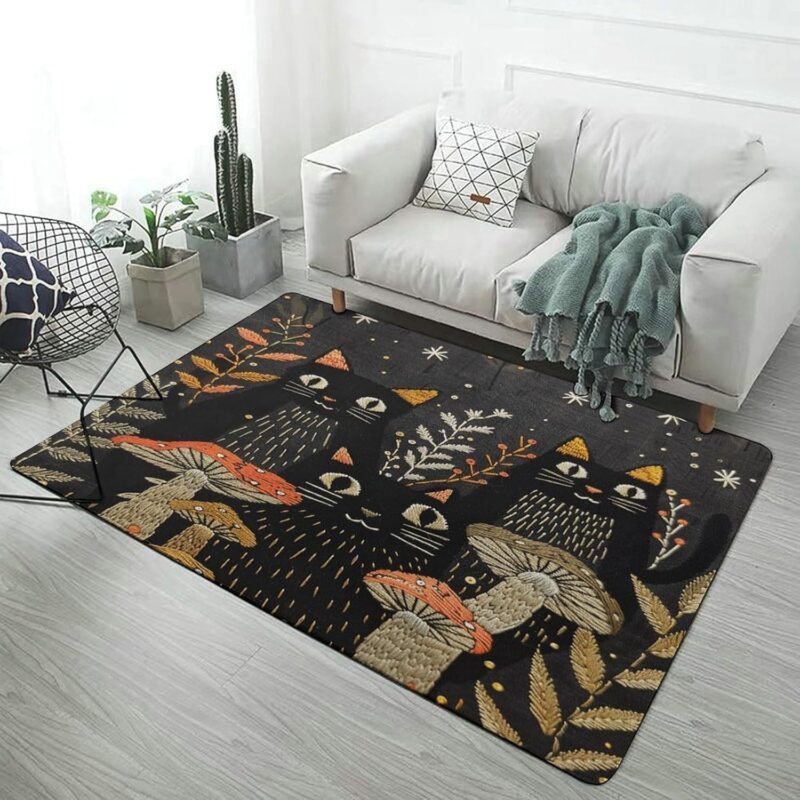 Cats and Mushrooms Soft Throw Rug for Living Room Non Slip Washable Floor Mat Floral Boho Rug