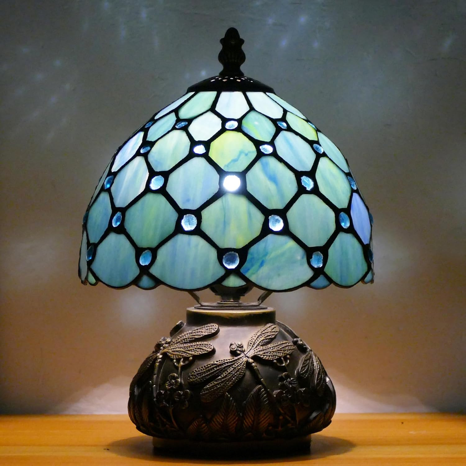 81cNCb98ZvL._AC_SL1500_.jpg Small Tiffany Lamp Mini Stained Glass Table Lamp Sea Blue Pearl Style Mushroom Memory Sympathy Lamp 8X11 Inch