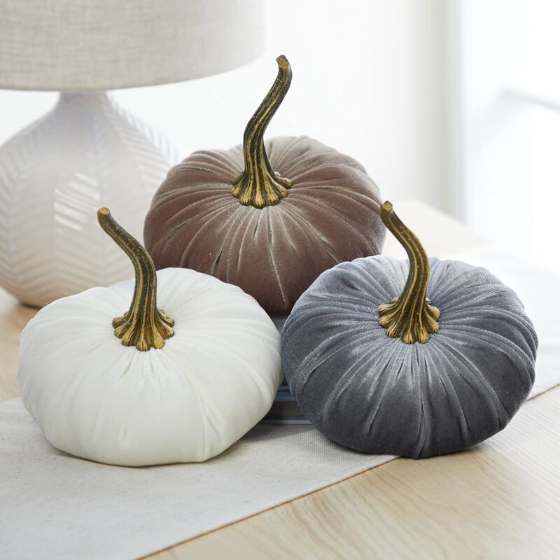 Set of 3 Velvet 6.25 Inch Pumpkins, Gray Ivory Taupe; fall home decor, neutral tablescape, Thanksgiving centerpiece, gift set for friend, autumn cozy vibe, hygee home