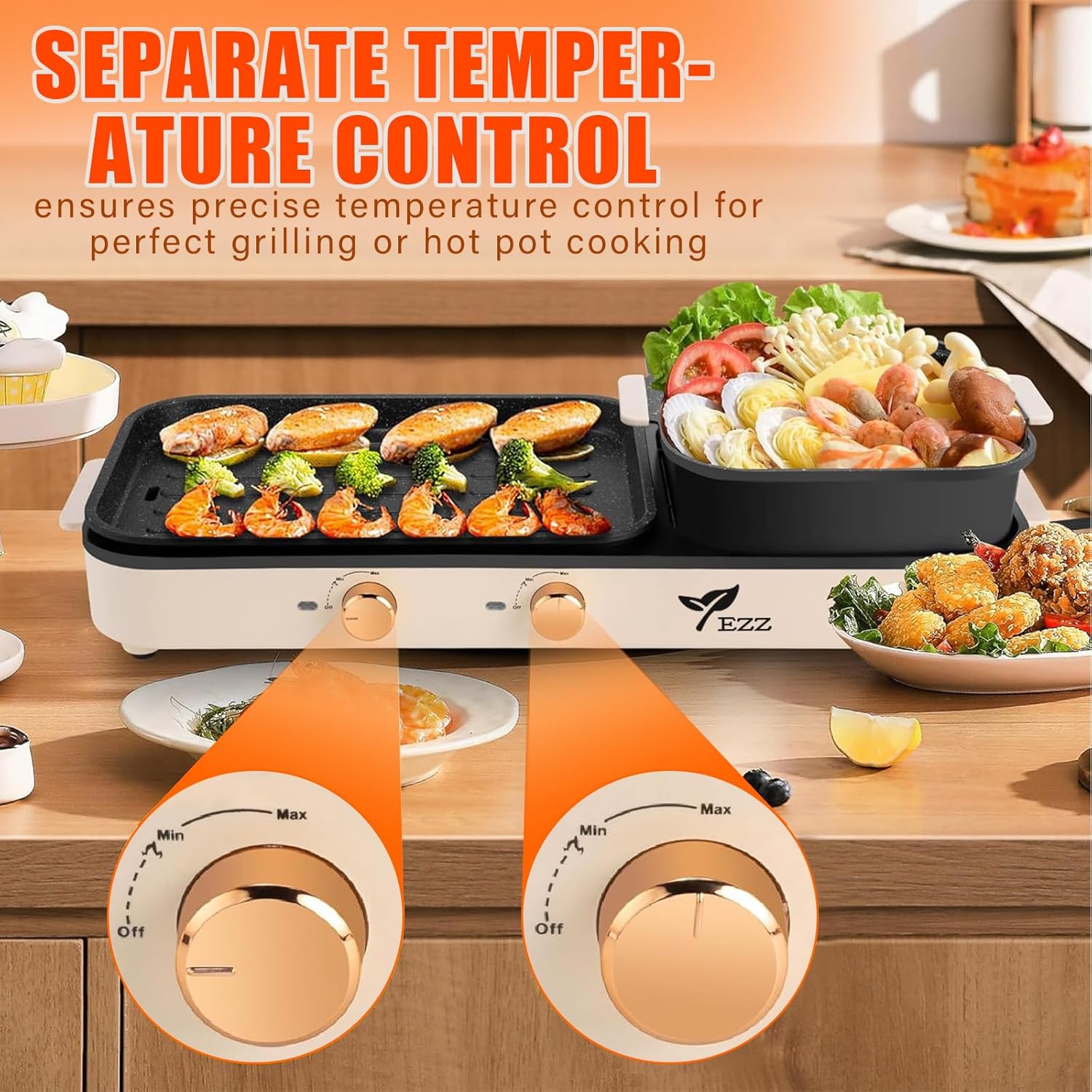 81dYQkEadWL._AC_SL1500_.jpg Electric Hot Pot with Grill,2-10 People Indoor Hot Pot 2 in 1 Multi-function Smokeless Shabu-Shabu Hotpot Korean BBQ Grill for Simmer,Separate Dual Temperature Contral (BEIGE pot) - Image 3