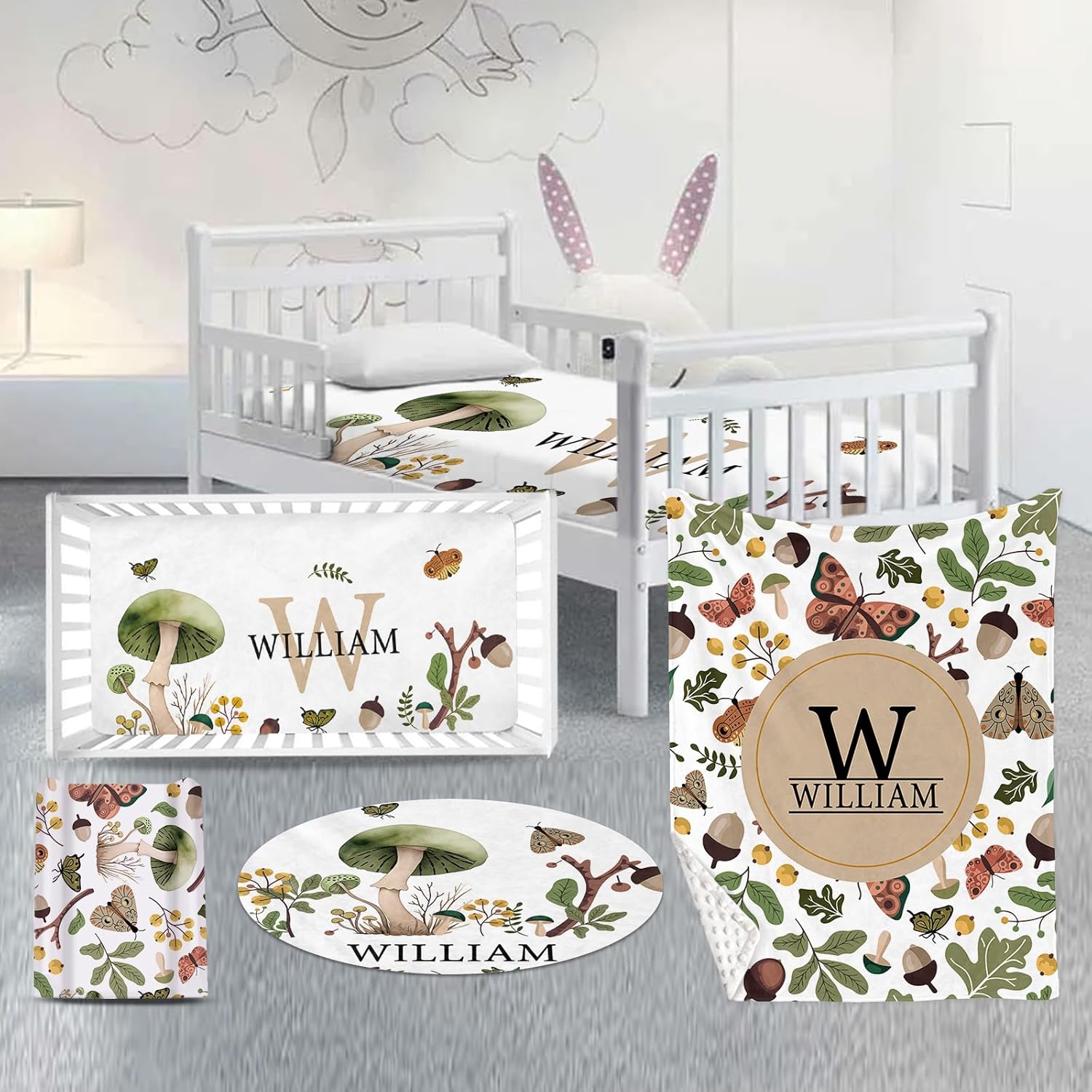 81eCRvdH0iL._AC_SL1500_.jpg Personalized Baby Crib Bedding Set: Nursery 4 Piece Crib Set with Custom Baby Name - Mushroom Pattern Bedding Set for Baby Boys Girls - Soft Chic Blanket and Fitted Crib Sheet for Newborns