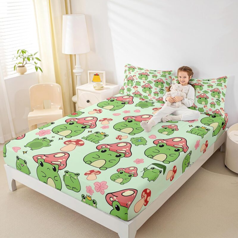 Mushroom Frog Sheet Set Queen Size Cute Mushroom Bedding Set 4pcs for Kids Girls Boys Bedroom Decor Cartoon Animals Plants Deep Pocket Fitted Sheet Pink Green Top Flat Sheet,2 Pillowcases