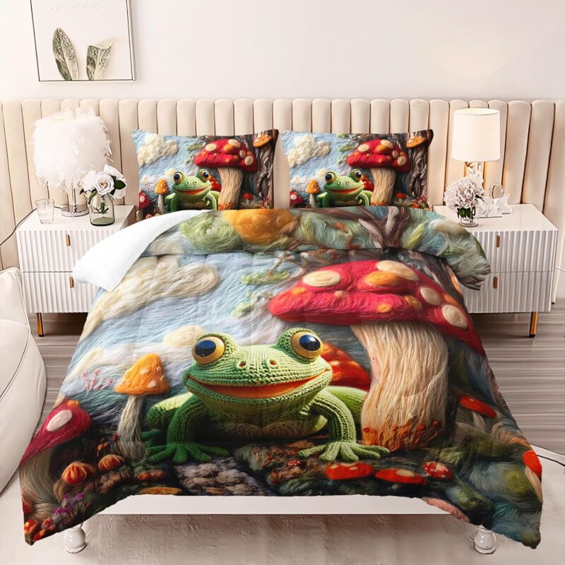 AILONEN Kids Cute Green Frog Comforter Set,Dreamy Clouds and Red Mushrooms Bedding Set for Boys,Girls Queen Size,Kawaii Tropical Amphibian Duvet Set,3-Pieces,1 Quilt + 2 Pillowcases