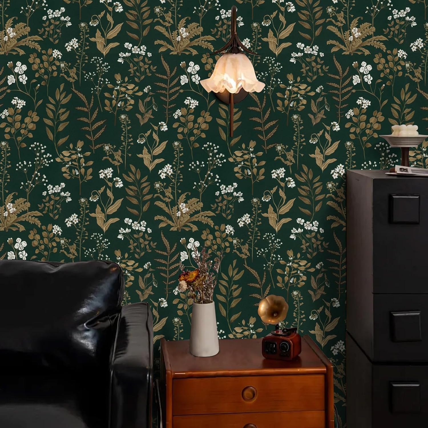 81fP6BrMWpL._AC_SL1500_.jpg Abyssaly 17.7in x 236in Mushroom Wallpaper Peel and Stick Boho, Black Floral Forest Contact Paper+17.7" x 393.7" Dark Green Floral Peel and Stick Wallpaper Vintage Gold Leaf Contact Paper Vinyl Self A - Image 6