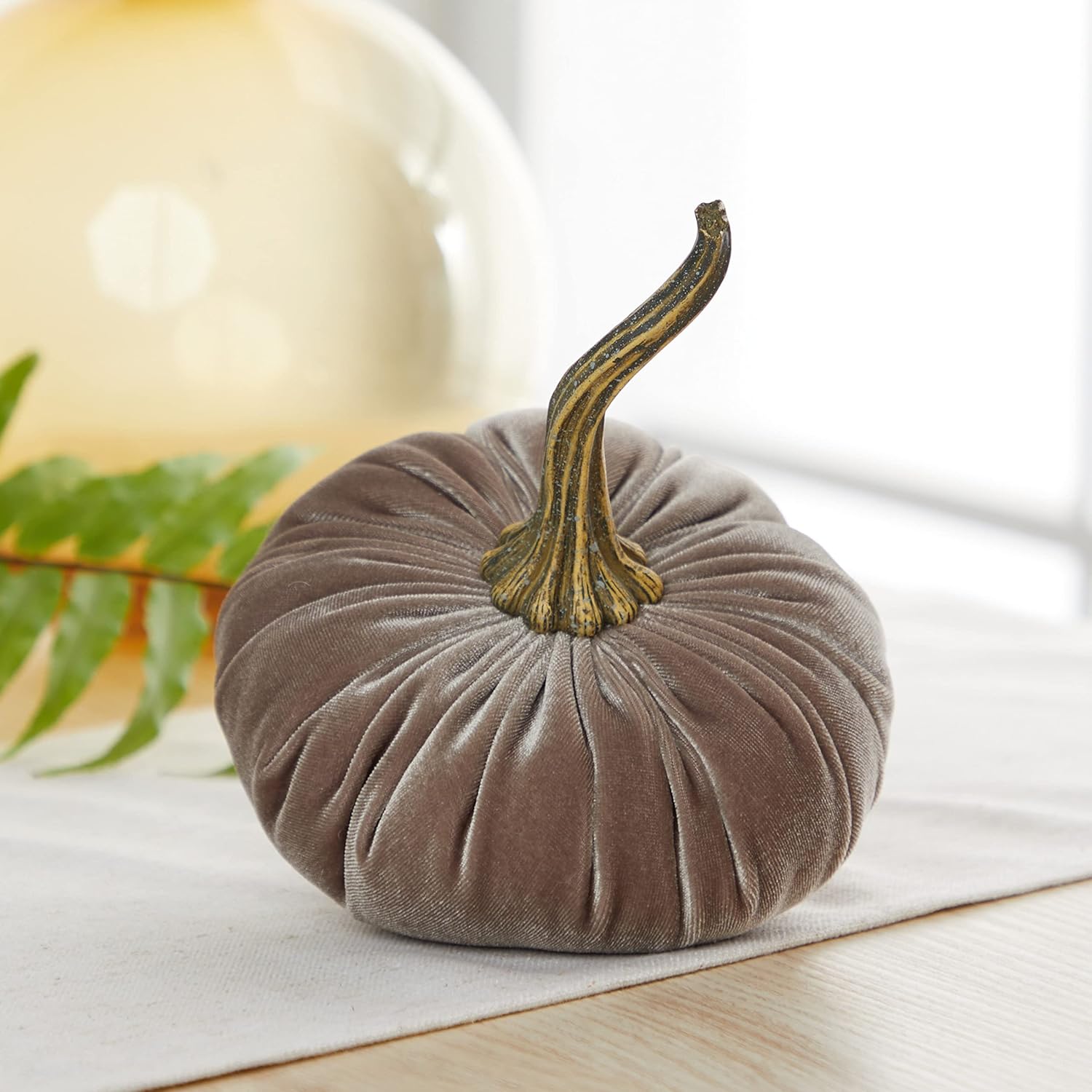 81g8ONnZr0L._SL1500_.jpg Set of 3 Velvet 6.25 Inch Pumpkins, Gray Ivory Taupe; fall home decor, neutral tablescape, Thanksgiving centerpiece, gift set for friend, autumn cozy vibe, hygee home - Image 5