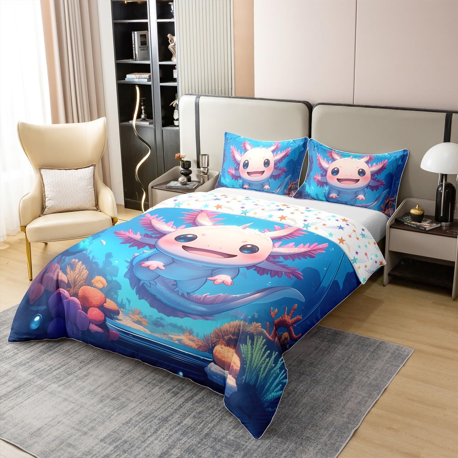 81gvuF6qFJL._AC_SL1500_.jpg Erosebridal Kawaii Salamander 100% Cotton Duvet Cover Queen Size,Pink Bule Salamander Dreamy Bubbles Reef Coral Comforter Cover for Kids, Underwater World Bedding Set, Cartoon Wildlife Bed Set - Image 2