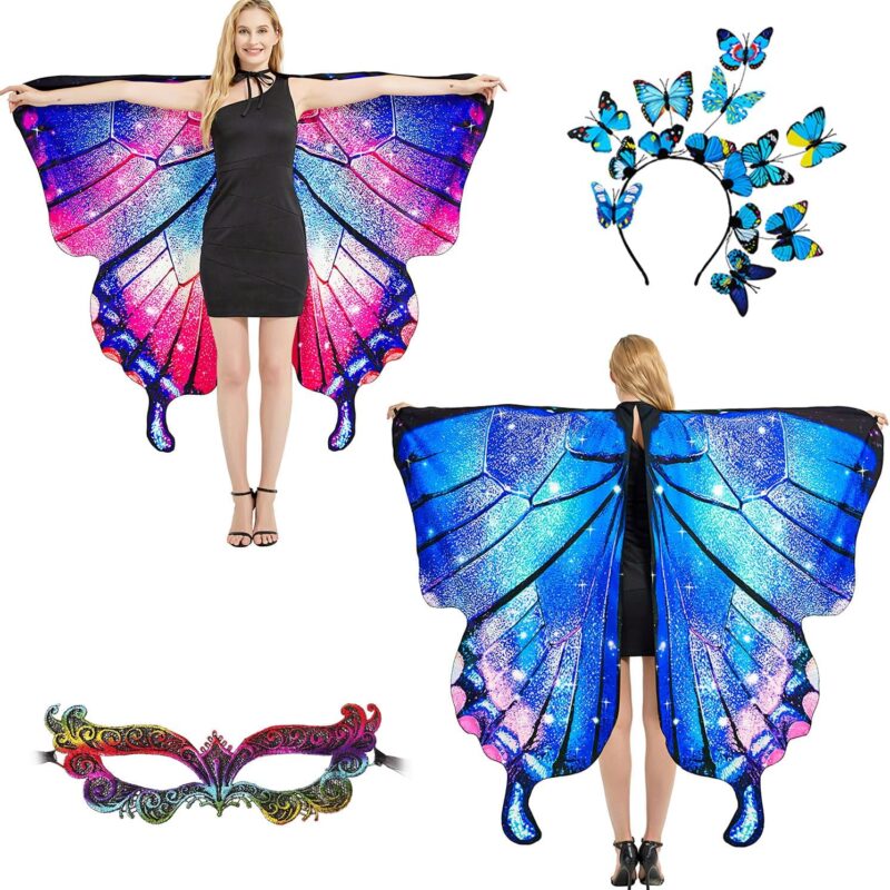 Butterfly Wings Double-Sided, Fairy Wings for Adults, Halloween Costumes for Women, 3PCS Butterfly Cape Set.