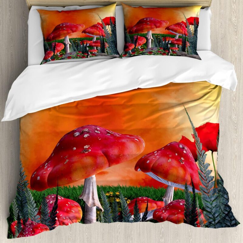 Ambesonne Mushroom Duvet Cover Sets, Mushrooms Magic Place Imaginary Clouds Clipart Leaves Poppies Spellbound, Bedding Set with 2 Duvet Covers 4 Pillowcases, 2 Pack Cal King Size, Orange Red Taupe