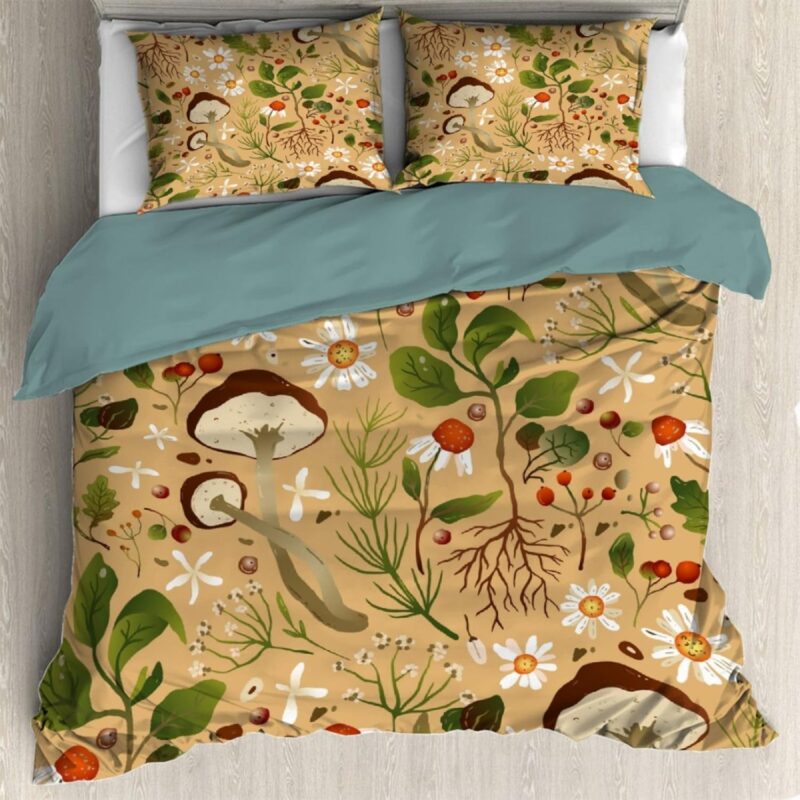 Mushroom Forest Autumn Natural Lightweight Comfortable 3 Pieces Duvet Cover Luxury Soft Bedding Quilt Set with Pillow Shams Full/Queen Size(No Comforter) 78"X88"