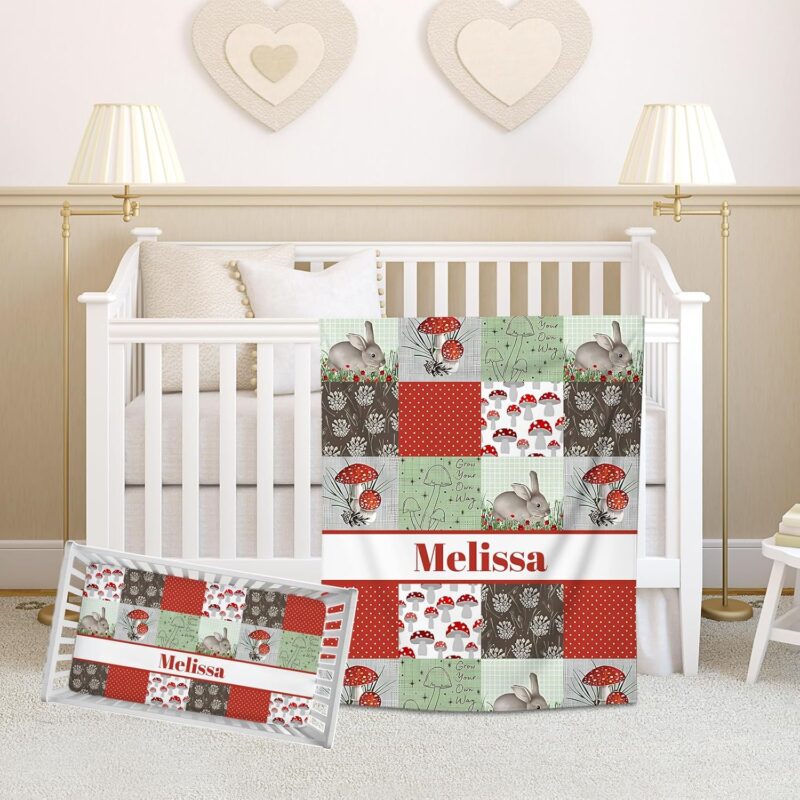 Personalized Baby Crib Bedding Sets, Modern Mushroom Cartoon Animal Themed, 2 Piece Crib Bedding Sets, Standard Crib Size, Red