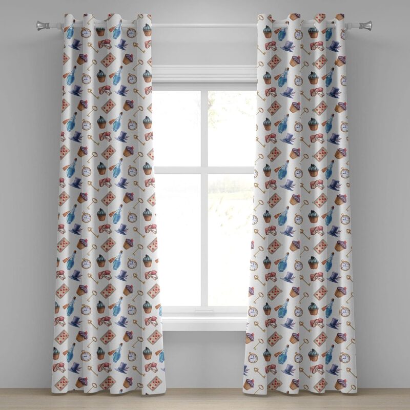 Lunarable Alice in Wonderland Grommet Curtain, Cupcakes Mushrooms and Bottles Hanging in Sky Dessert Print, Decorative 2-Panel Window Drapes for Bedroom Living Room, 50" x 96", Multicolor