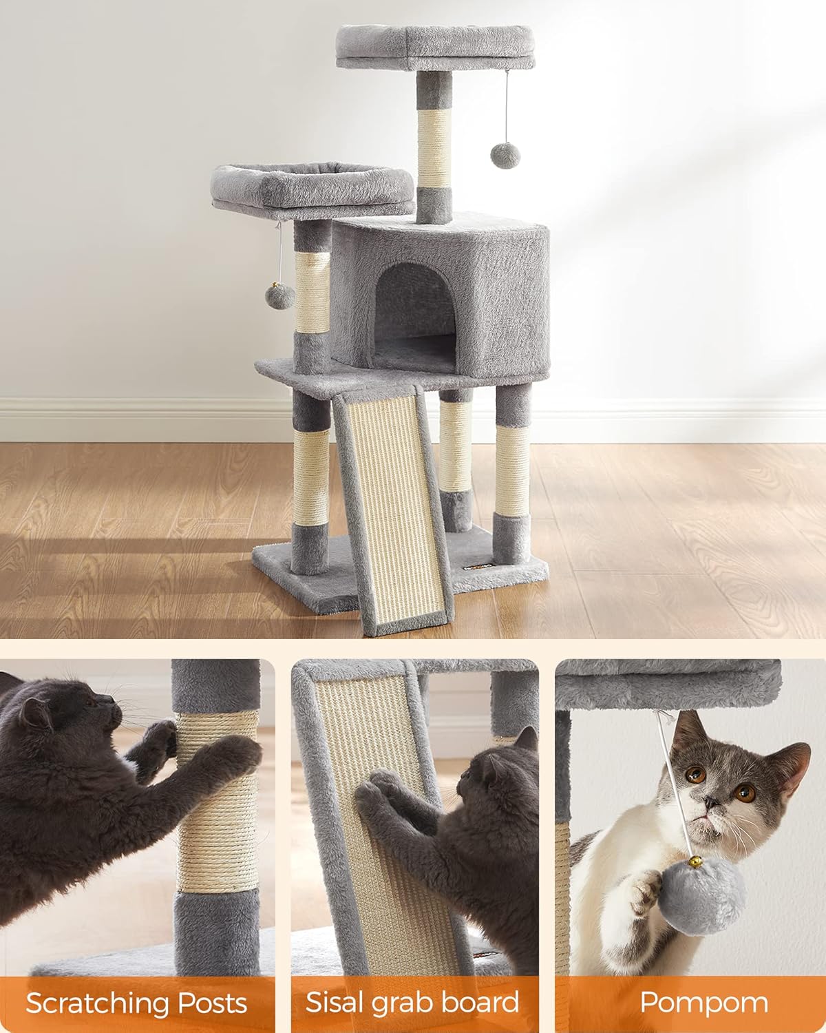 81jF7wNIuhL._AC_SL1500_.jpg Feandrea Cat Tower, Cat Tree for Indoor Cats, 45.3-Inch Cat Condo with Scratching Post, Ramp, Perch, Spacious Cat Cave, for Kittens, Elderly Cats, Adult Cats, Small Space, Light Gray UPCT141W01 - Image 7