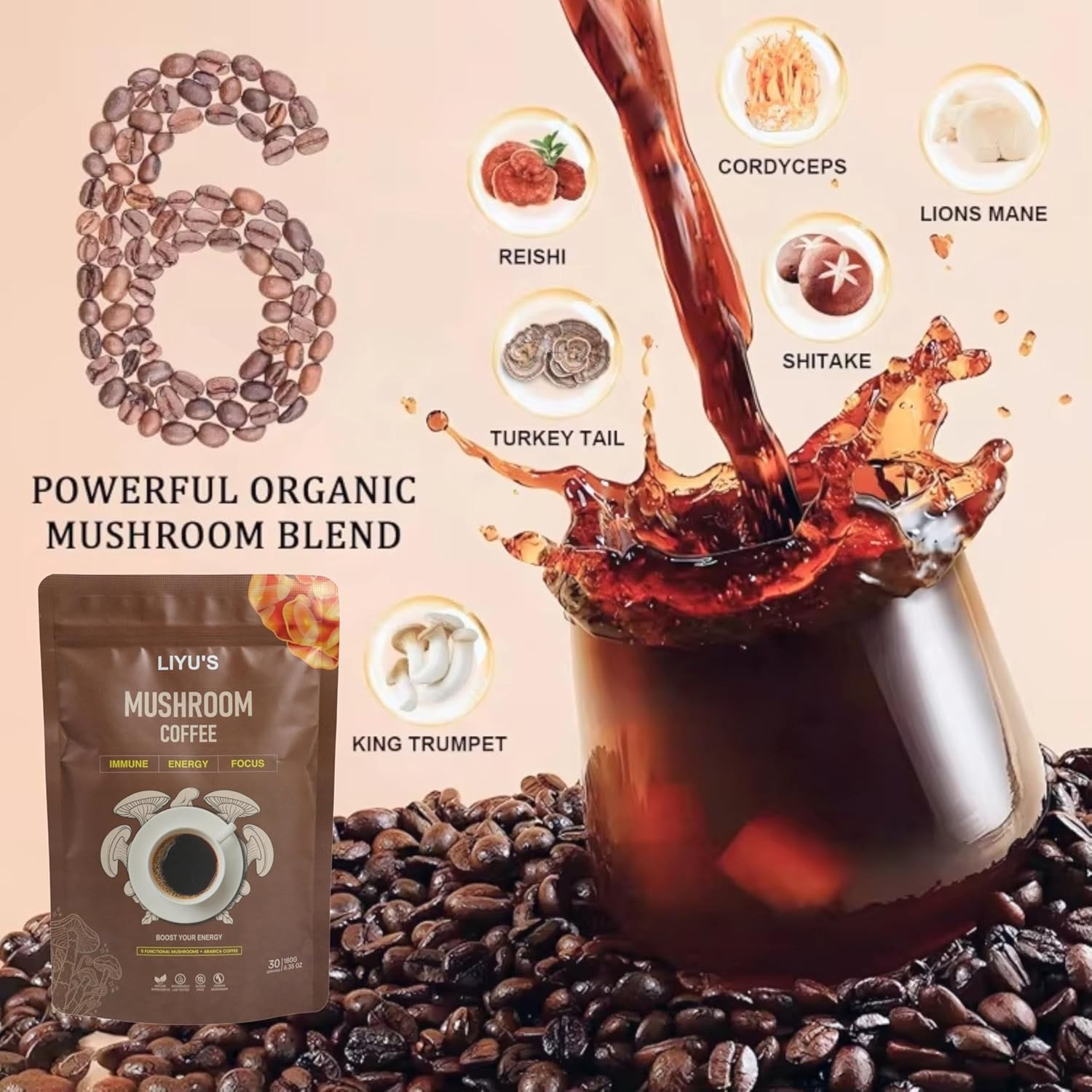 81jyUaODPWL._SL1500_.jpg Organic Instant Mushroom Coffee With Organic Arabica & 6 Adaptogenic Mushrooms (Lions Mane, Turkey Tail, Cordyceps & Others To Enhance Digestion, Energy, Focus, Immune Support (30 Servings-180g) - Image 2
