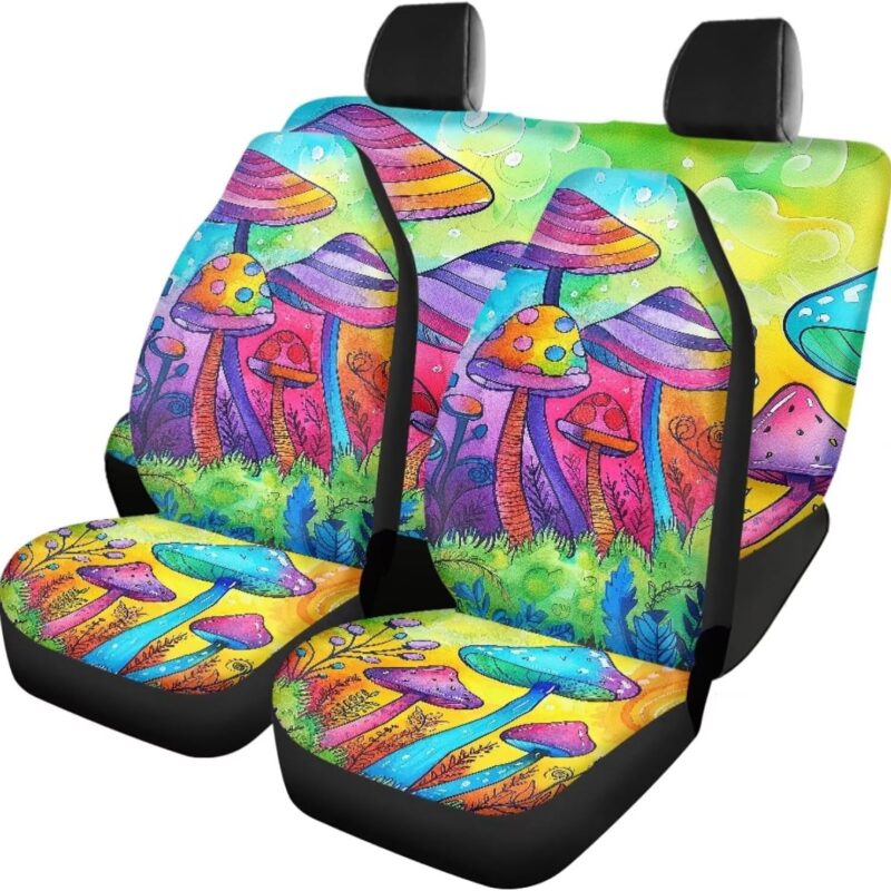 Forchrinse Art Colorful Mushroom Print Front and Back Car Seat Cover Set for Women Mushroom Auto Seat Cover Universal Fit Seat Cover Set
