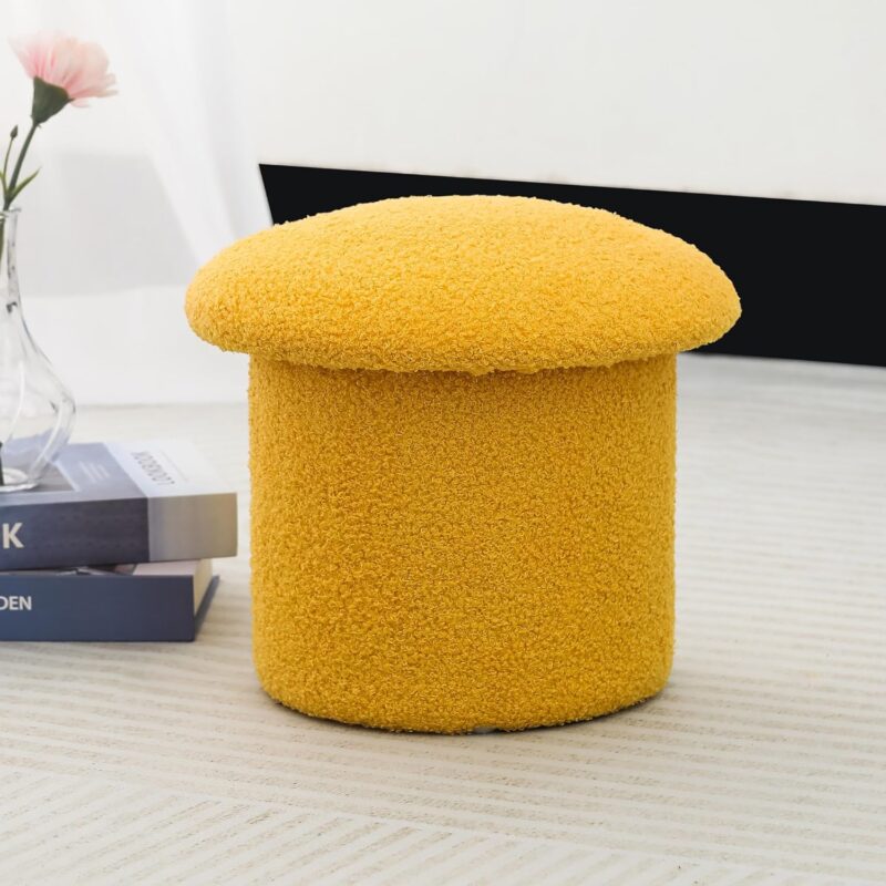 Faux Teddy Fur Mushroom Shape Ottoman, Foot Stool Footrest for Living Room Bedroom, Yellow
