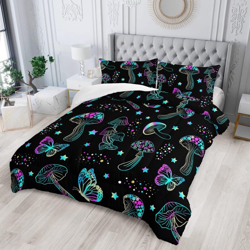 Colorful Mushroom Comforter Set Twin Size Kids Mushroom Butterfly Bedding Set Star Quilt Bed Set for Boys Girls Adults with 1 Comforter and 2 Pillowcases