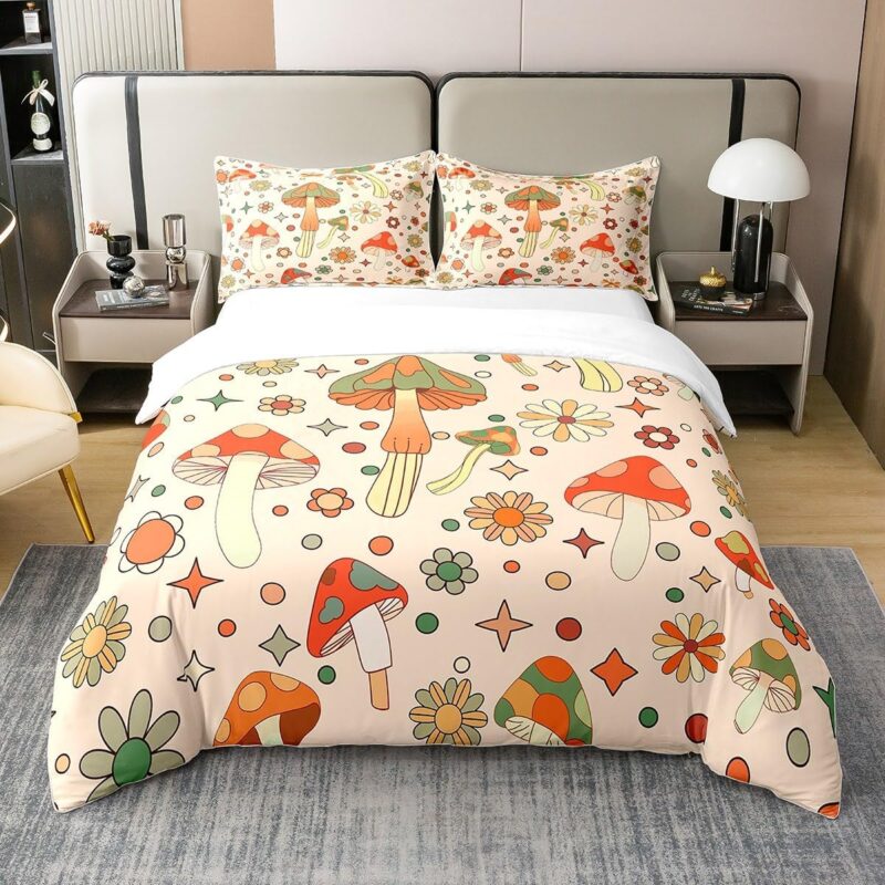 Erosebridal Retro 60s 70s Groovy Flower 100% Cotton Duvet Cover,Cartoon Mushroom Bedding Set Twin,Funky 1960 1970 Floral Comforter Cover,Cute Country Plants Artwork Bed Sets 2pcs Bedroom Decor