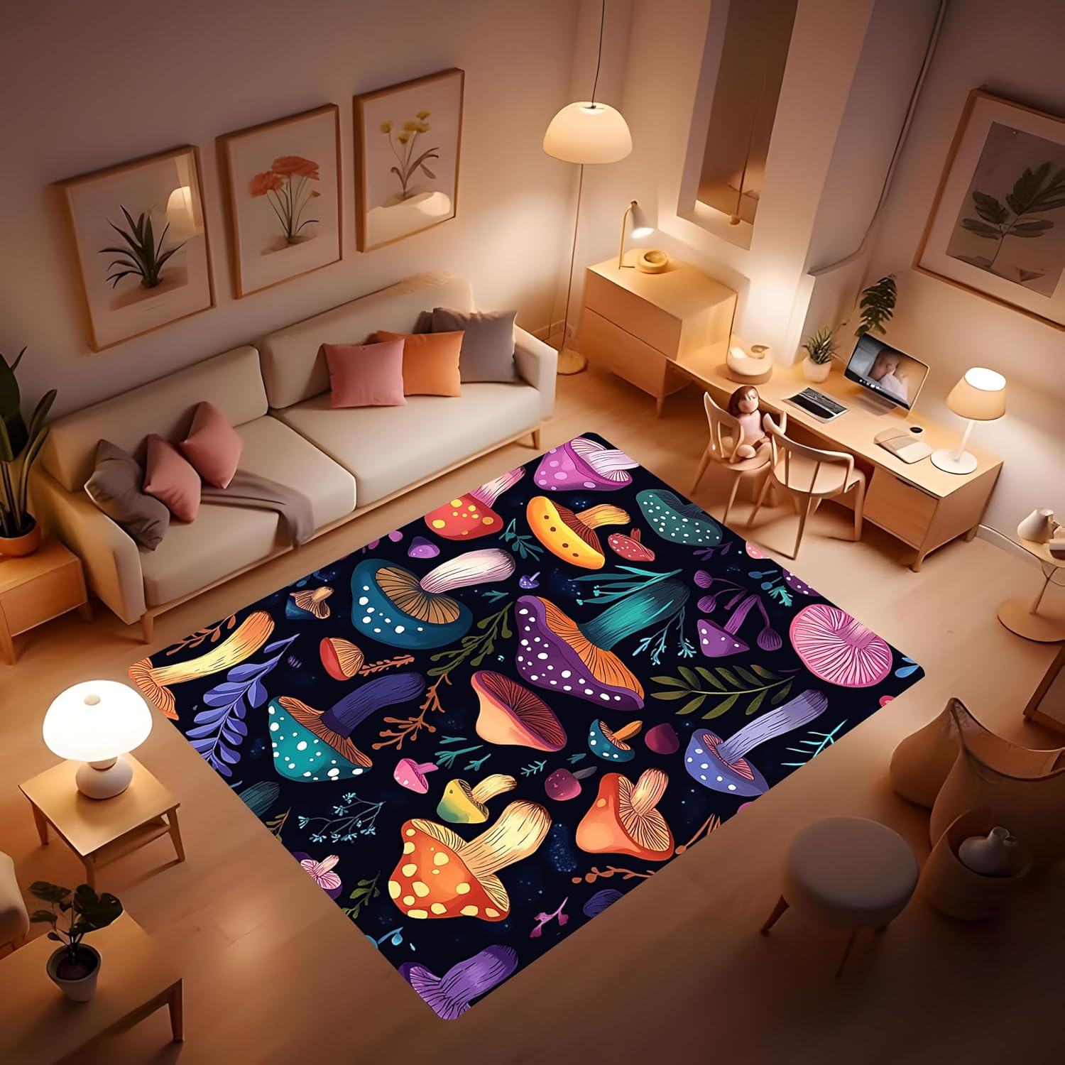 81lS-xBKakL._AC_SL1500_.jpg Cute Mushroom Rug - Colorful Mushroom Area Rug for Kids' Bedroom, Playroom, Living Room - 40x60 Inch - Image 2