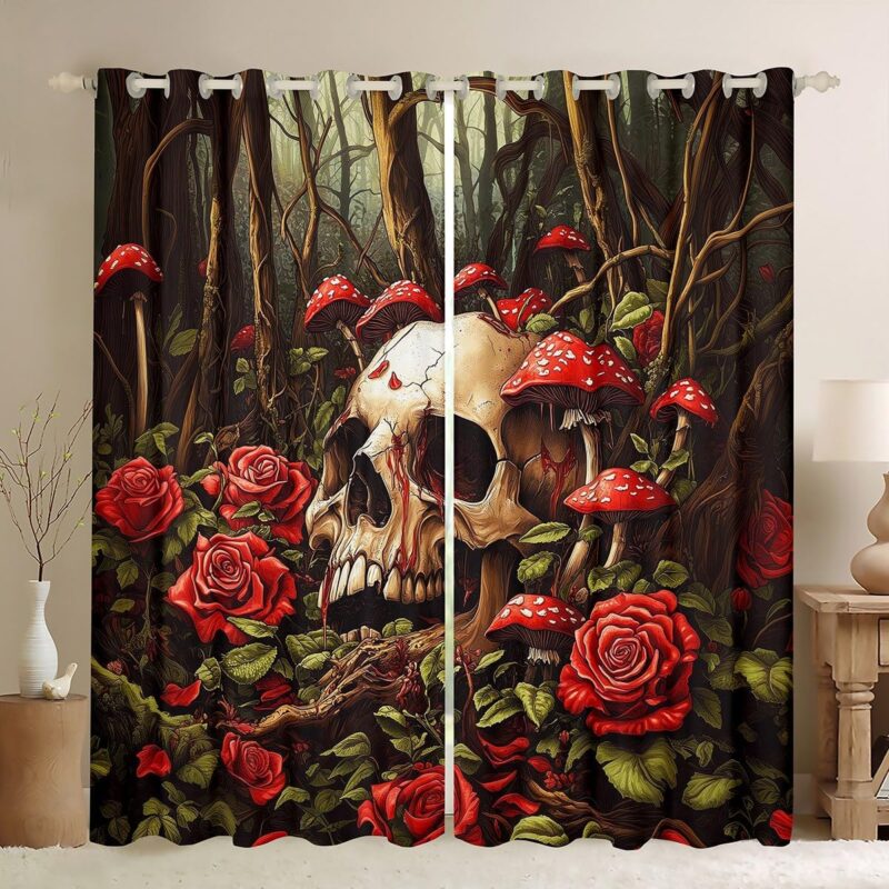 Erosebridal Mushroom Skull Window Curtain Red Plant Mushroom Curtain Boho Botanical Rose Flowers Window Treatments Jungle Floral Fungus Plants Curtains & Drapes 52" Wx63 L for Kids Boys Girls