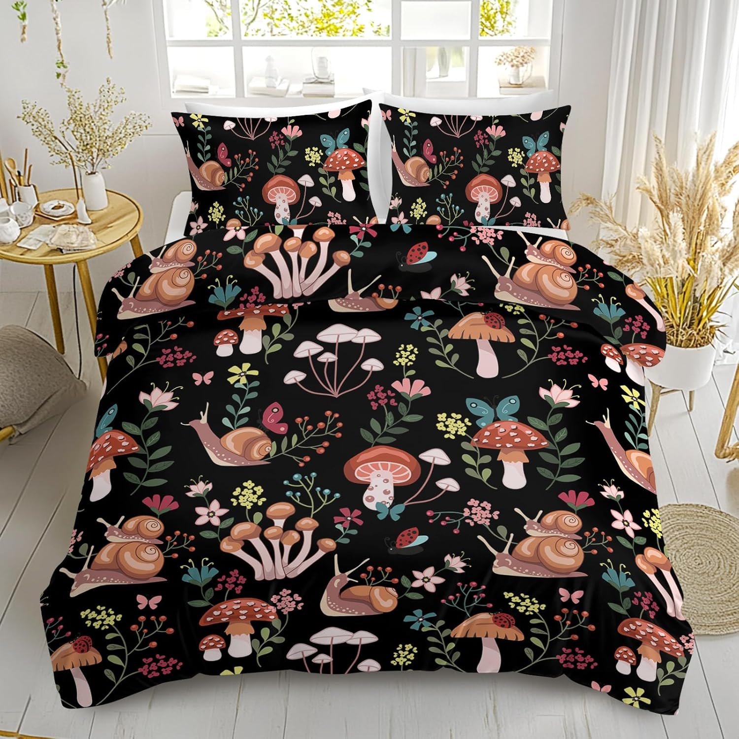 81mTLyTaKUL._AC_SL1500_.jpg SOULZZZ Floral Mushrooms Printed Girls Duvet Cover Set King Brown Snail Mushroom Bedding Set Red Pink Flower with Green Leaf Mushroom Decor Bed Set 1 Duvet Cover and 2 Pillowcases - Image 6