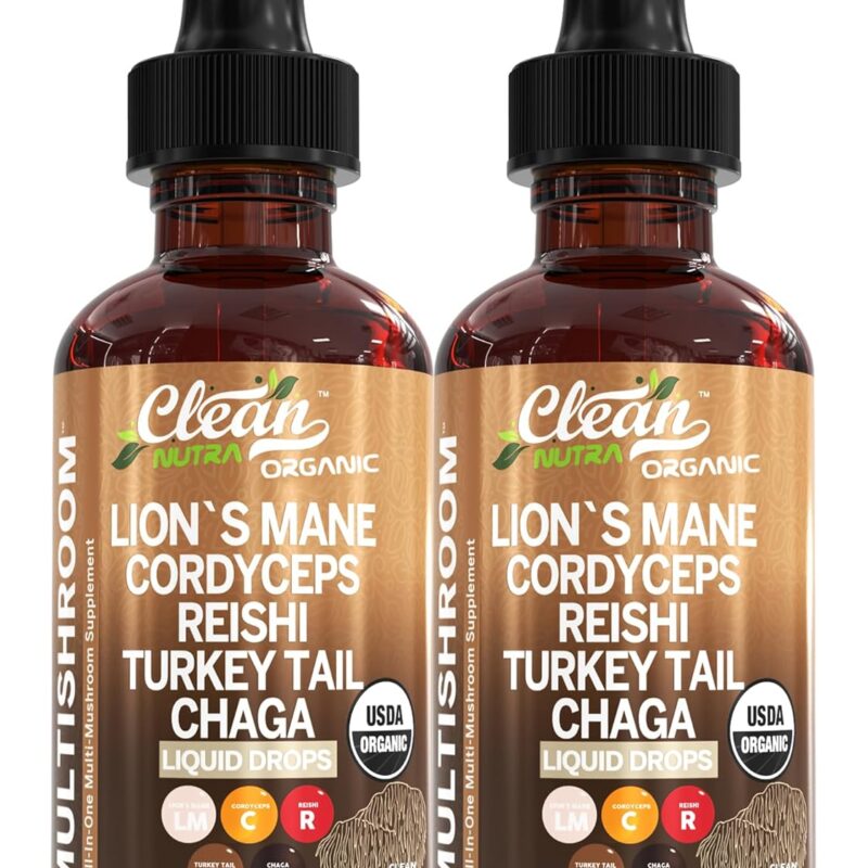 Mushroom Supplement Liquid Drops with Lions Mane Turkey Tail Cordyceps Reishi Chaga Shitake Maitake Tremella Oyster Mushrooms Poria Supplement and Enokitake Mushrooms Complex Blend by Clean Nutra