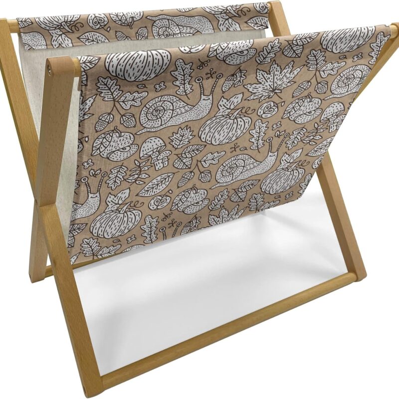 Lunarable Snail Magazine and Book Holder, Harvest Season Slug Leaves Pumpkin Mushroom Autumnal Pattern, Floor Rack Decor for Interior of Home & Office, 22" x 19", Sand Brown Brown