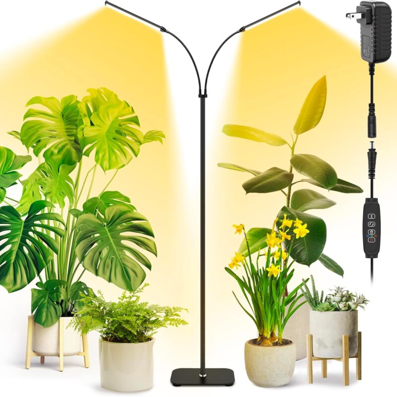 Plant Light for Indoor Growing, Full Spectrum Dual Heads Grow Light, 66.5in Extendable Stand,144 LEDs,10-Level Dimmable, Auto Timer, Adjustable Gooseneck Floor Lamp for Tall Large Plants
