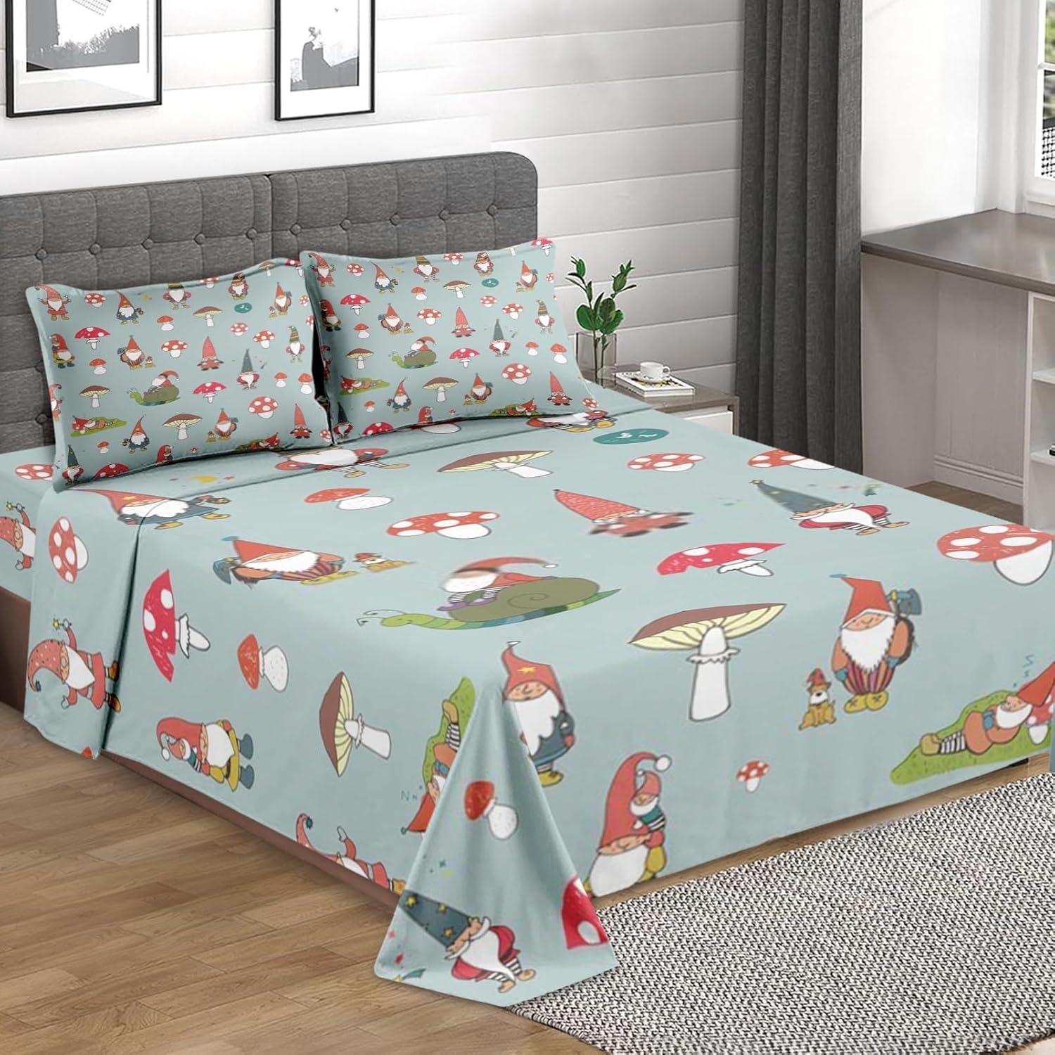 81oGjNXWSFL._AC_SL1500_.jpg 4 Pcs Fitted Sheet Set Queen Size with Deep Pocket, Gnome Funny Mushroom Bedding Set with Pillowcase for Kids and Adults, Happy Red Colorful Flat Bed Sheet Set - Image 3