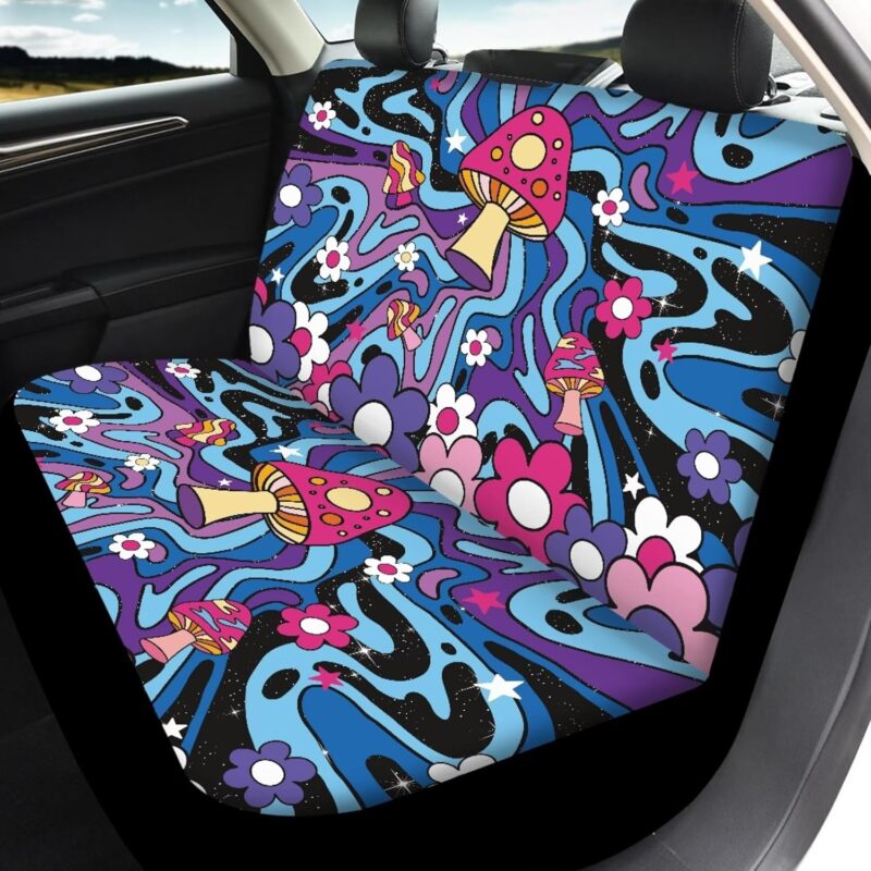 Mushroom Blue Tie Dye Car Seat Covers Full Set Back Front Washable Seat Covers Automotive Interior Cover for Car Truck Van SUV