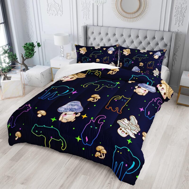 Mushroom Kawaii Cat Comforter Set Queen Size Kids Mushroom Bedding Set Star Theme Quilt Bed Set for Boys Girls Adults with 1 Comforter and 2 Pillowcases