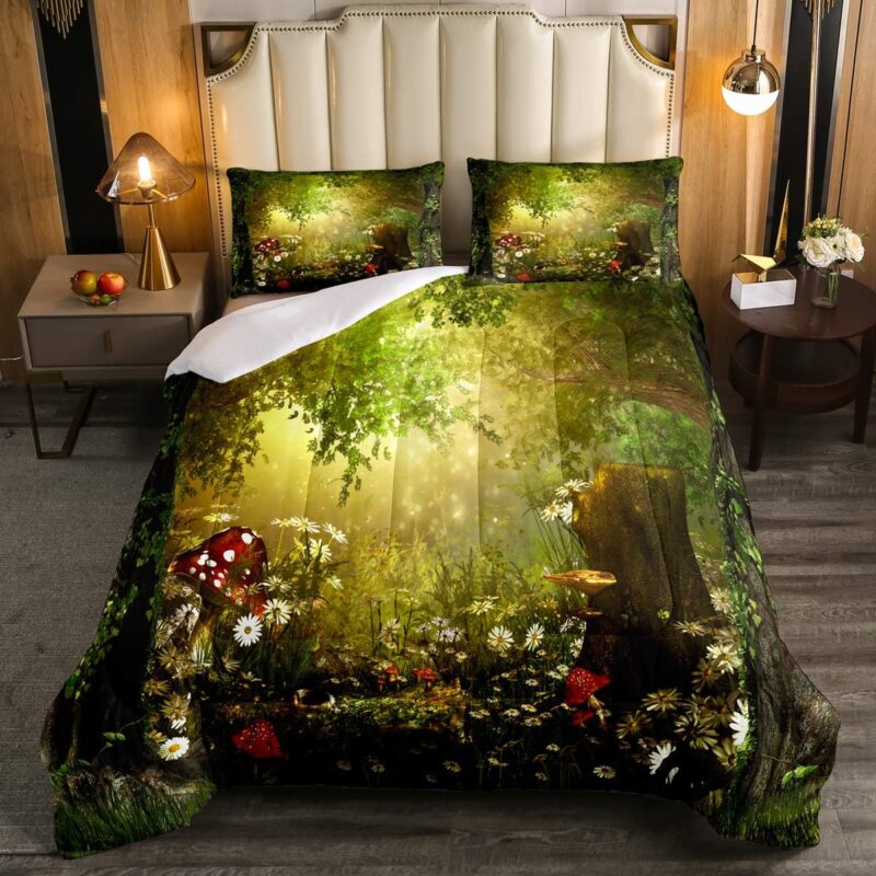 Erosebridal Magical Comforter Set Full Size Mushroom Bedding Set Daisy Leaves Branches Sunset Nature Duvet Set Cute Style Quilted Duvet Home Room Decorative