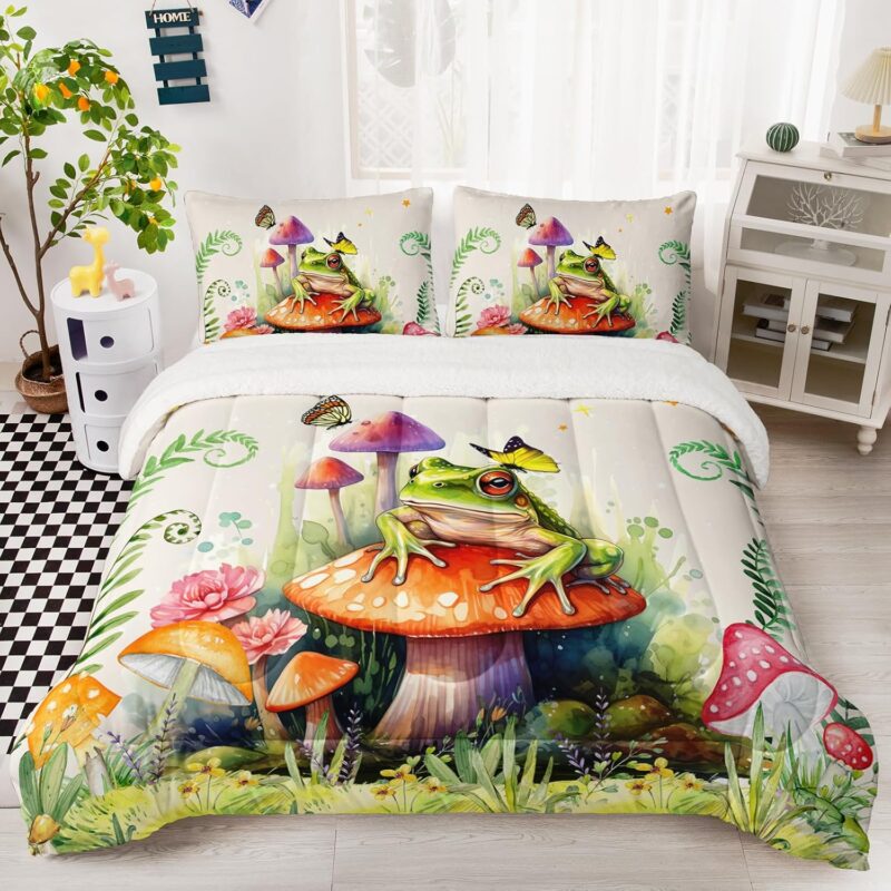 Frog Comforter Set Full Size, Mushroom 3Pcs Bedding Set for Kids,Sherpa Fleece-Backing Premium，Boho Frog Comforter for Room Decor 2 Pillowcases for Kids Girls Teens