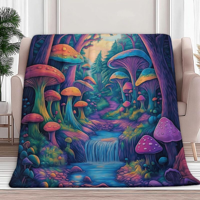 Fleece Blanket Green Queen 90"x90" Psychedelic Forest Purple Mushroom Throw for Sofa Couch Bed, Cozy Soft Warm Lightweight Decorative Flannel Blanket