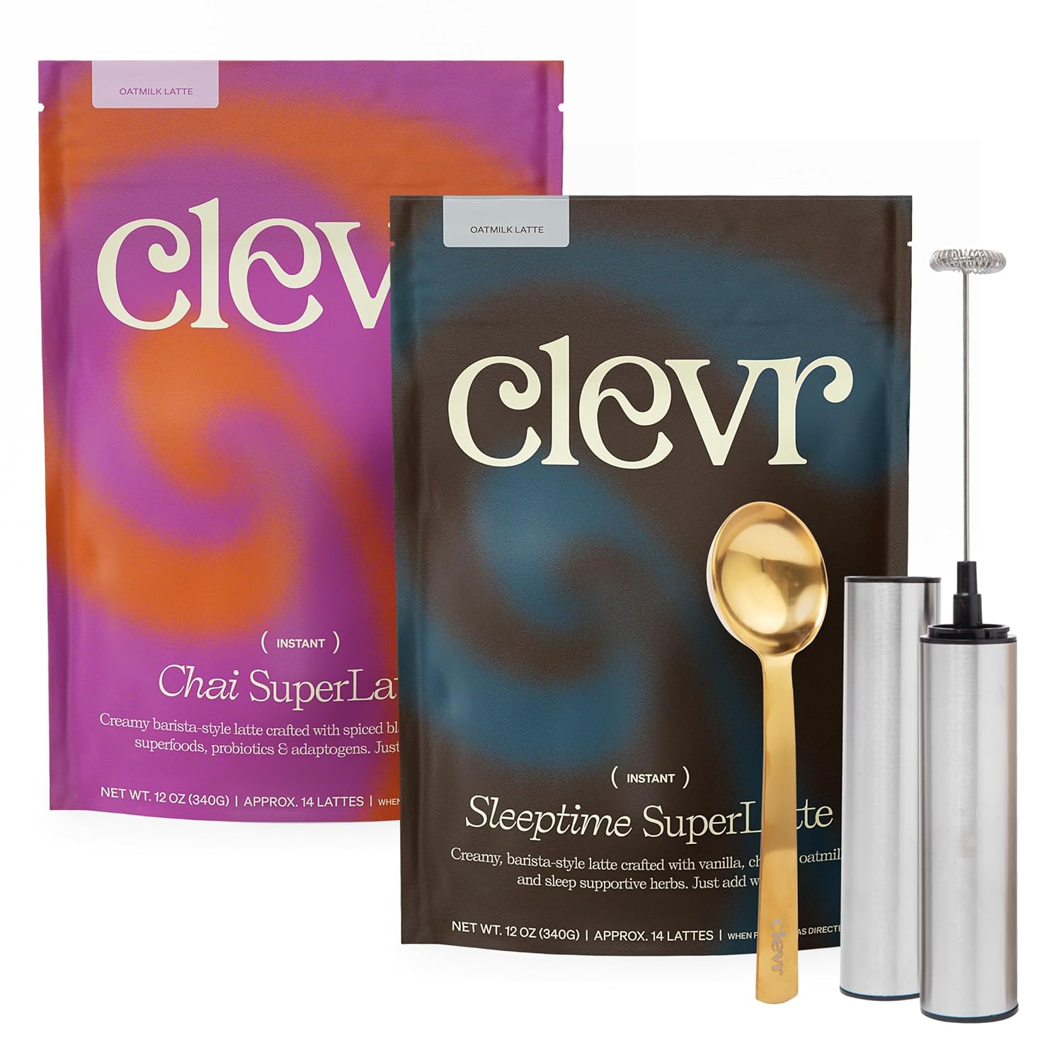 81r2iS7hp0L._SL1500_.jpg Clevr Blends Starter Kit - Oprah's Favorite Sleeptime and Chai Superlattes - Instant Latte Mixes - Evening Sleeptime Blend For Restful, Deep Sleep - Morning Chai Blend for Energy, Focus - includes Rechargeable Frother and Scoop