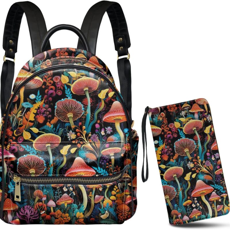 GLENLCWE Orange Mushroom Women Backpack and Purse 2Piece Fashion Mini Leather Backpack Handbag Anti Theft Travel Daypack Wallet Zipper Clutch
