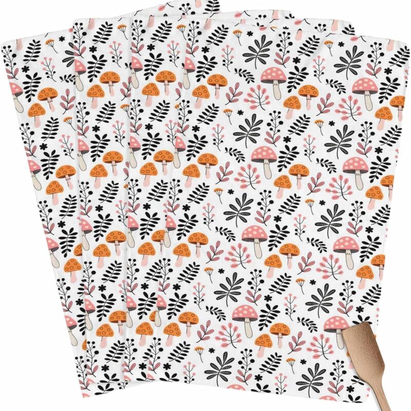 Kitchen Towels, 4 Pack, AutumnThanksgiving Cartoon Mushrooms Country Leaves Dish Towel Soft Absorbent Dish Cloths Quick Drying Hand Towels for Kitchen, Bathroom, Hotel, 18 x 28 inch