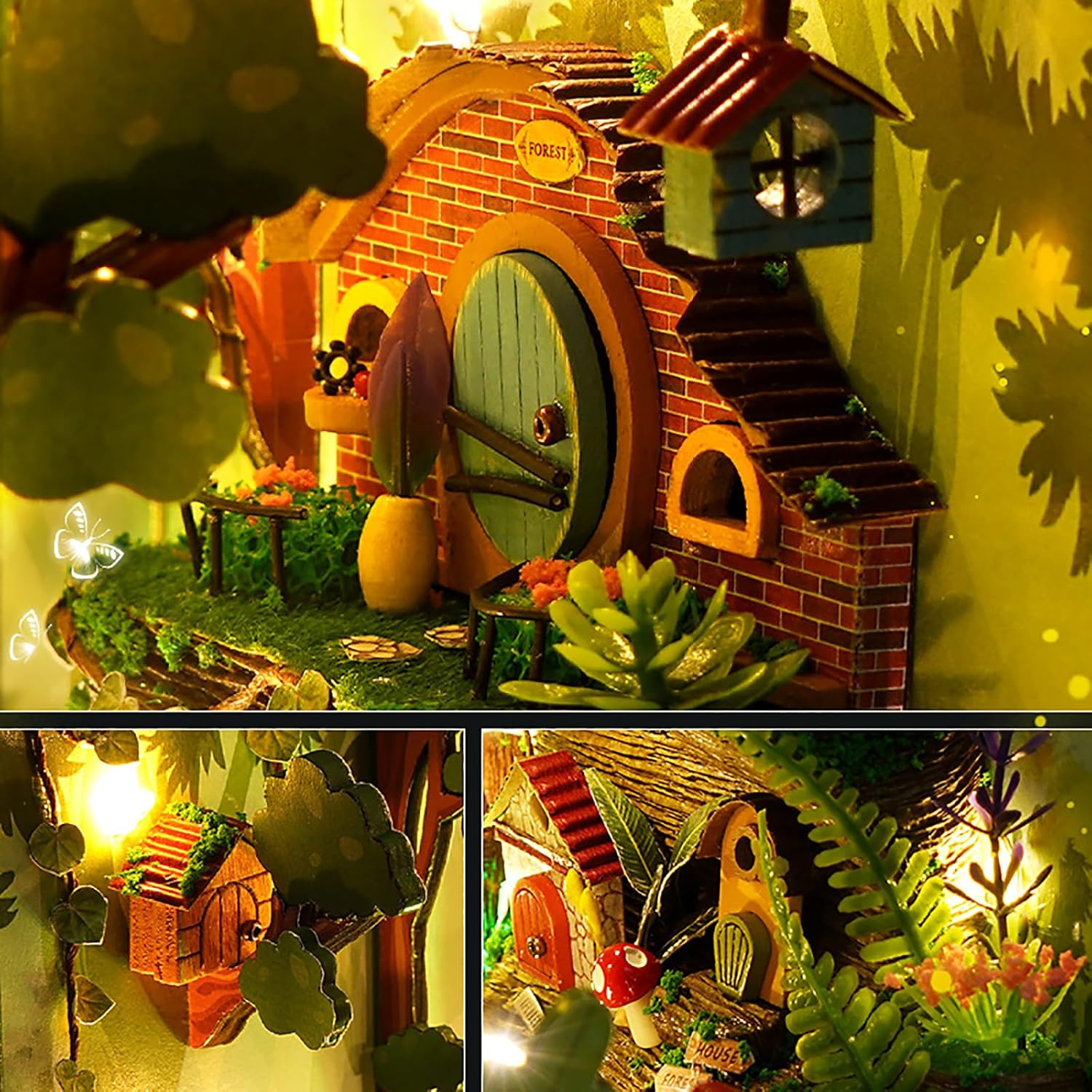 81s2Gmh2xXL._AC_SL1500_.jpg 3D Wooden Book Stand Puzzle, DIY Dollhouse Wood Bookends Book Nook Model Building Kit with LED Light for Teens and Adults to Build-Creativity Gift for Christmas(Firefly Forest) - Image 4
